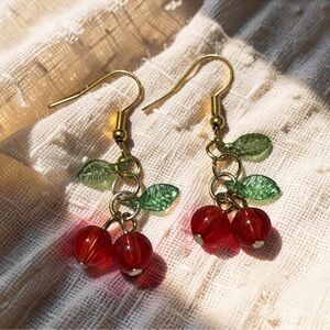 🌸🍒 Handmade 14k Gold Plated Red Cherry Lightweight Drop Dangle Earrings